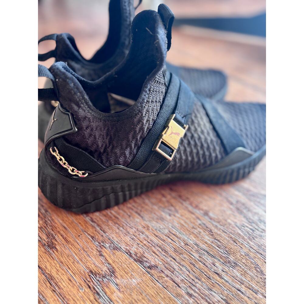 Puma Black Sock Sneakers w/ Gold Chain Accent – Size 8